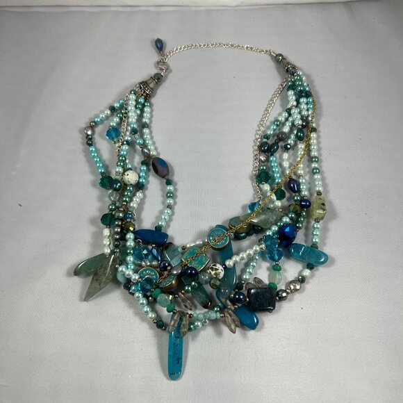 Layered Blue and Blue/Green Beaded Statement Necklace - Picture 2 of 2